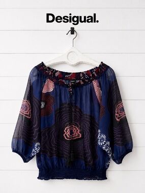 Desigual Sheer Off-Shoulder Printed Blouse – Size L